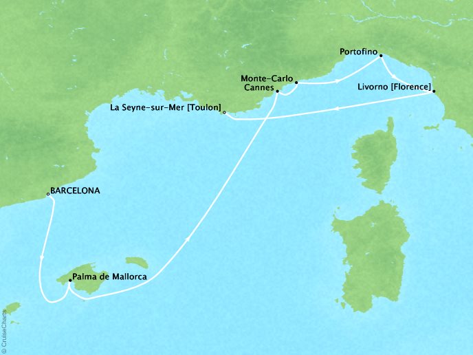Cruise Itinerary Map for Barcelona to La Seyne (8 Days)