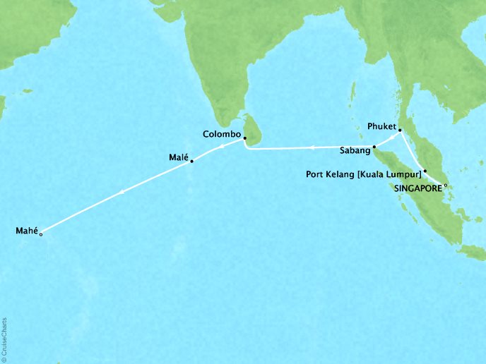 Cruise Itinerary Map for Singapore to Mahé (15 Days)