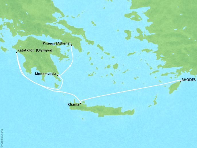 Cruise Itinerary Map for Rhodes to Piraeus (Athens) (6 Days)