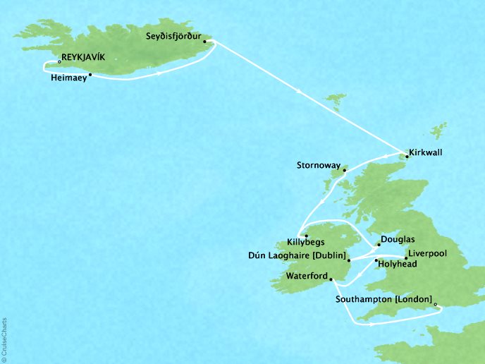 British Isles Discovery – Reykjavík to London (Southampton) map